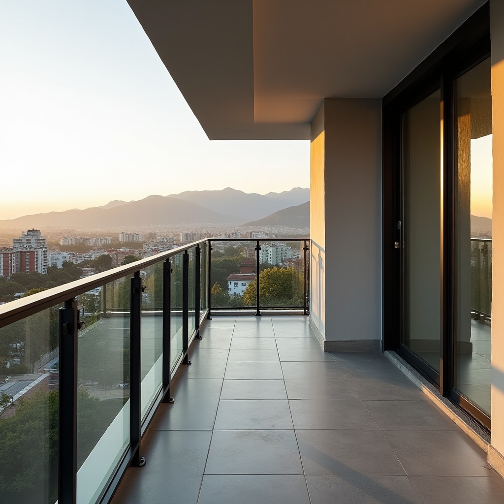 Clean outdoor balcony space with modern railing overlooking cityscape after post-construction cleaning