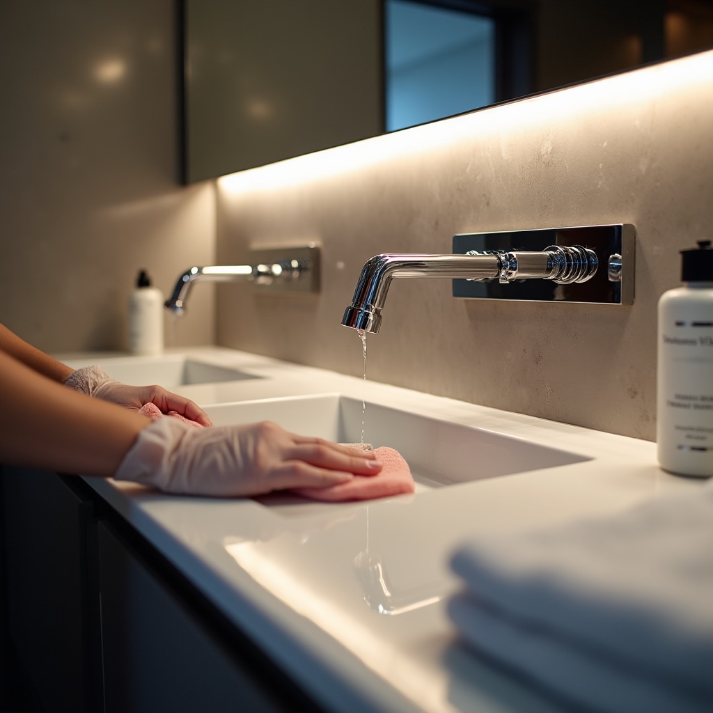 Detailed cleaning of bathroom fixtures including faucets and chrome hardware