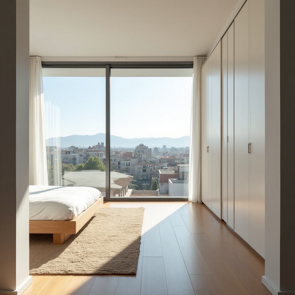 Bright bedroom with large windows showing city view after complete cleaning including window treatment