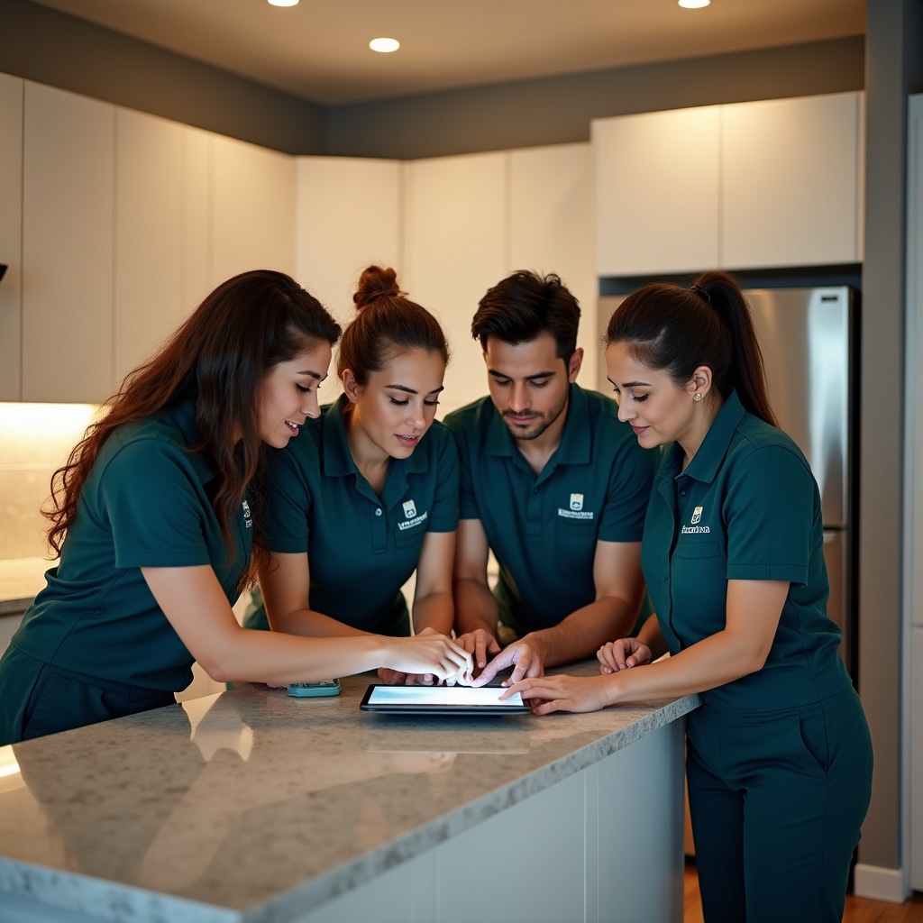 Professional cleaning team working together in a newly constructed residential unit