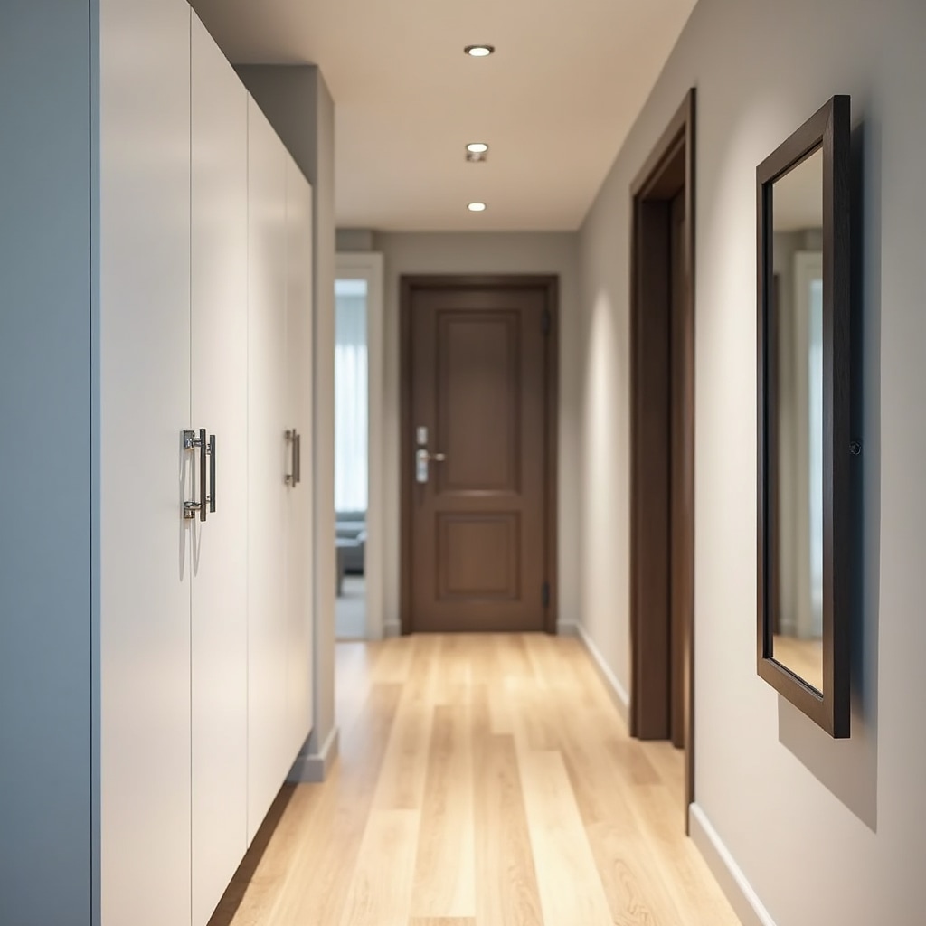 Modern apartment entrance hallway with built-in storage after detailed cleaning of all surfaces