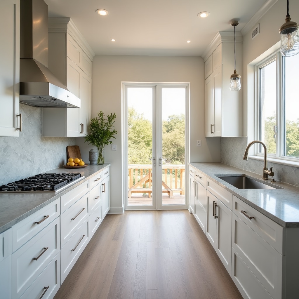 Contemporary kitchen with white cabinetry and modern appliances after comprehensive cleaning