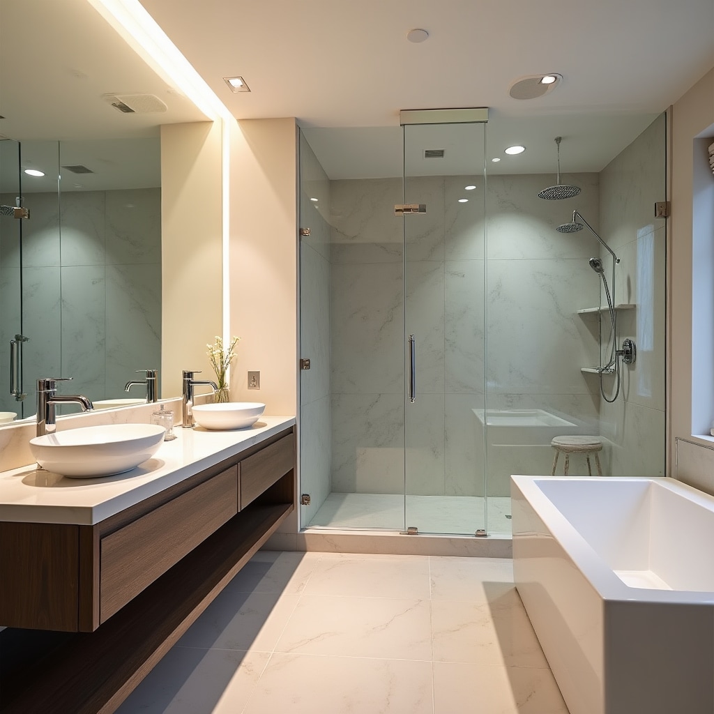 Pristine master bathroom with modern fixtures after thorough post-construction cleaning and detailing