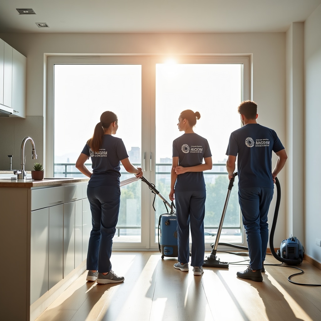 Professional team cleaning a newly constructed modern apartment with natural lighting