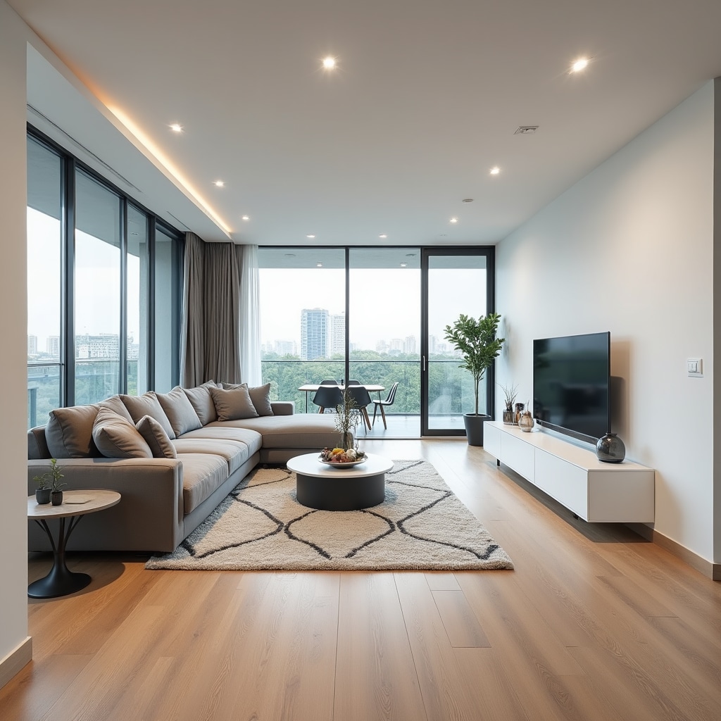 Spacious modern living room in newly constructed apartment after complete post-construction cleaning